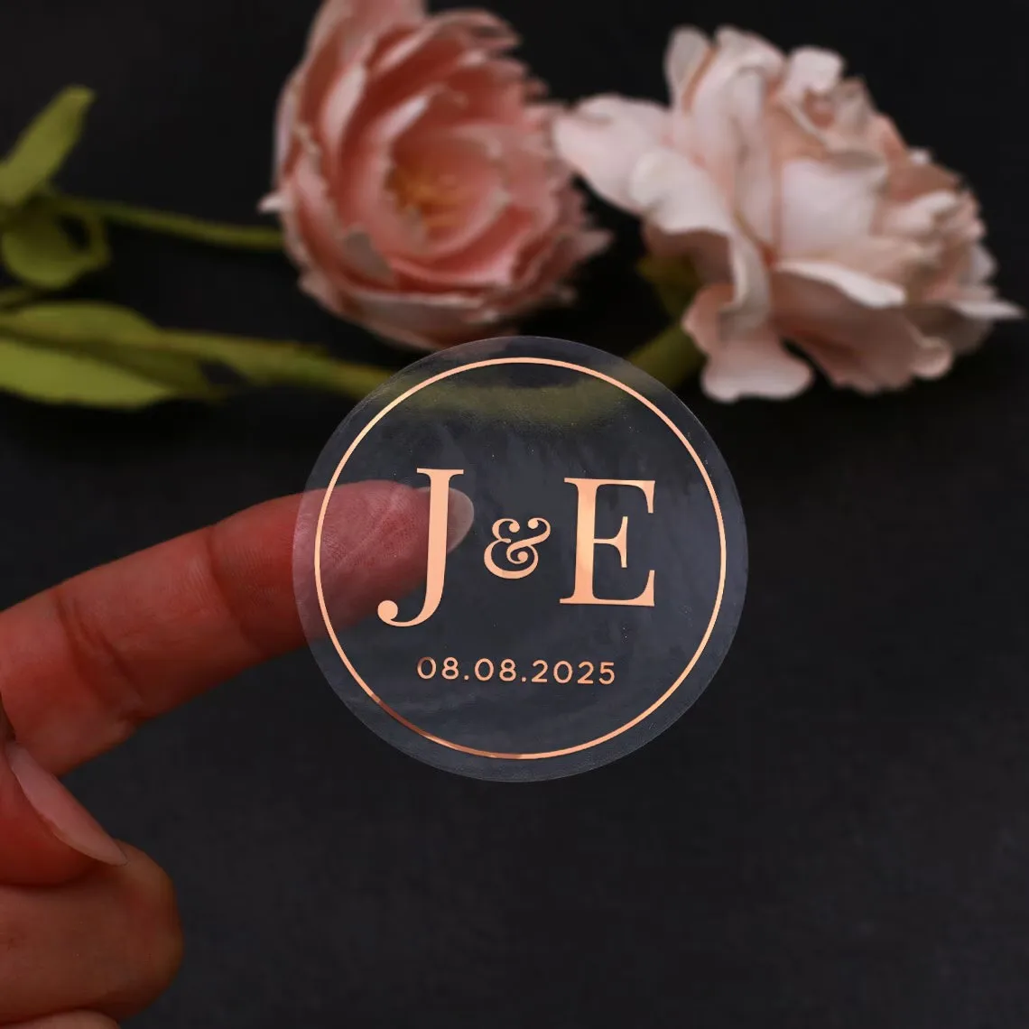 Clear Botanical Wedding Stickers, Personalized Foil Envelope Seals, Monogram Gold Foil Wedding Favor Labels