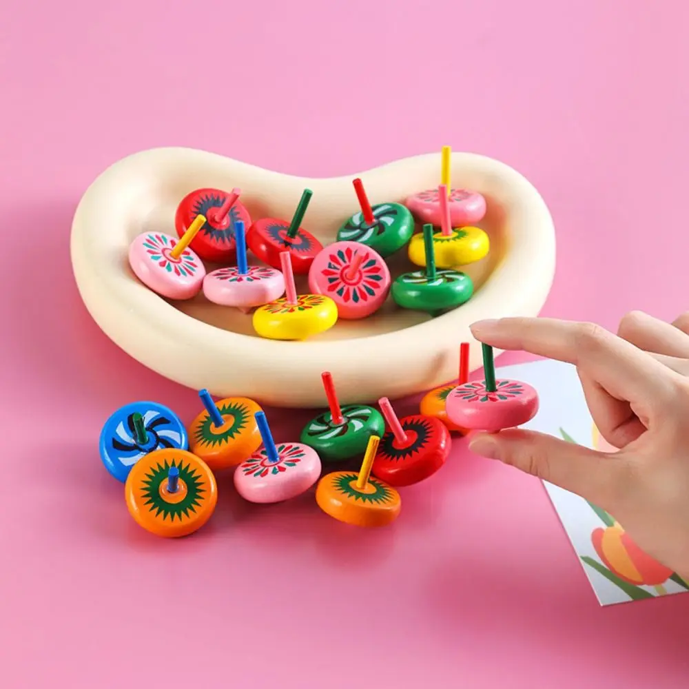 10Pcs Fun Wood Wooden Spinning Tops Vivid Colors Color Random Desktop Decompression Wood Gyroscope Birthday Gifts