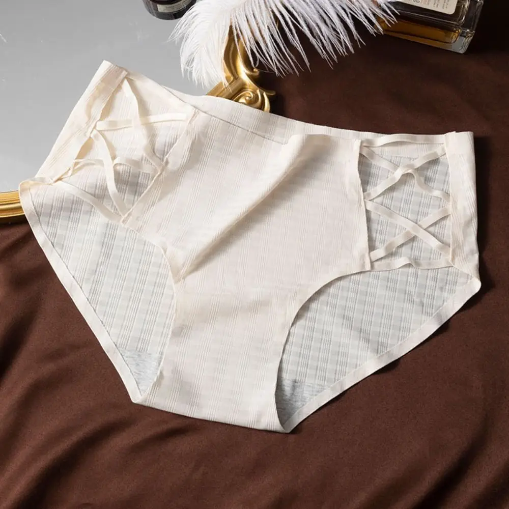 

Comfortable Simple Seamless Panties Hollow Out Mid Waist Ice Silk Briefs Thin Stripe Cotton Crotch Underwear for Women Daily