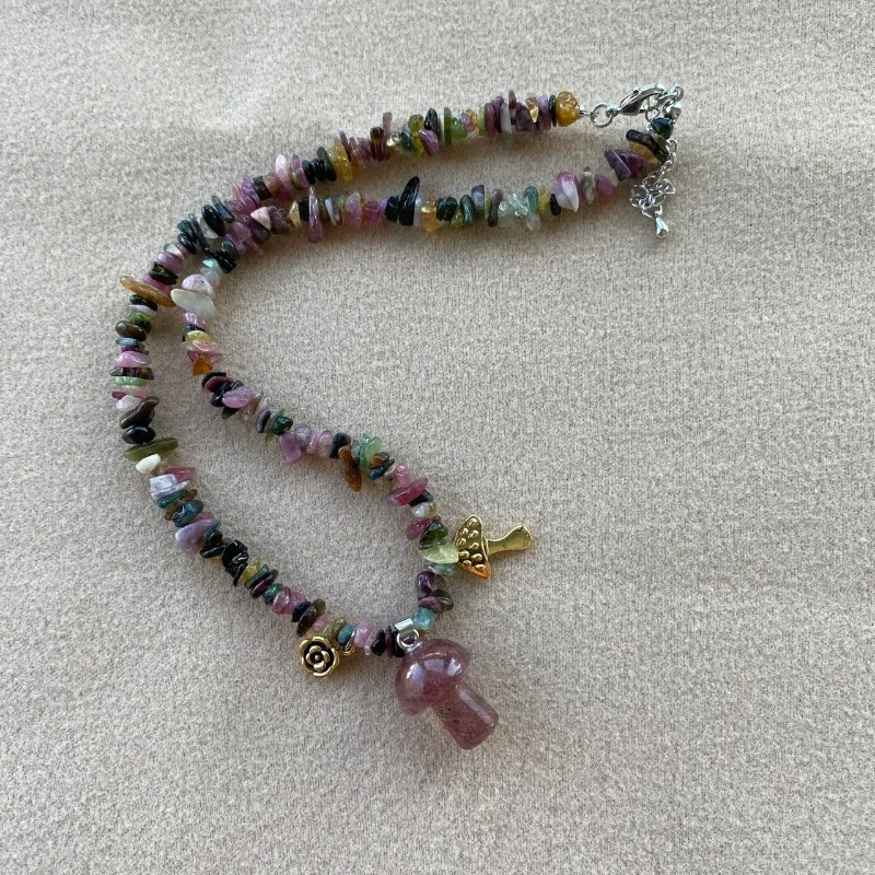 

Niche Design Stone Mushroom Necklace Fruit Pendant Cute Purple Pink Natural Stone Beaded Retro Sweater Chain Fashion Women
