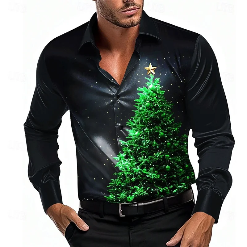 Chemise imprimée d\'arbre de Noël pour hommes, revers boutonné, manches longues, mince, mode décontractée, fête, automne, impression 3D