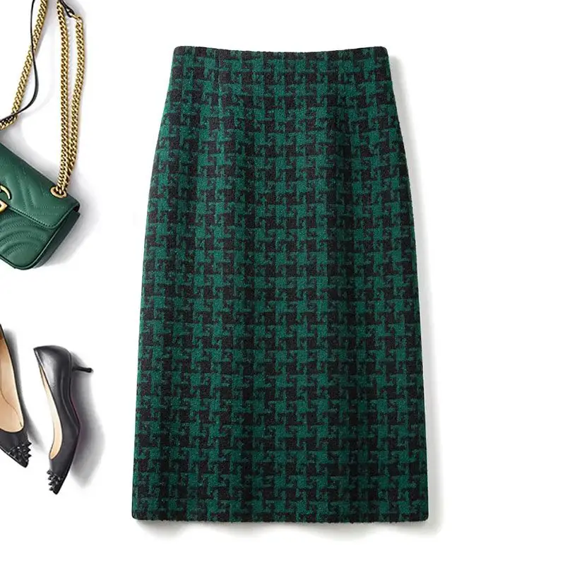 Green Houndstooth Plaid Vintage High Waist Knit Woolen Women\'s Skirt Knee-Length Long Skirts For Women Clothing Fashion 2024