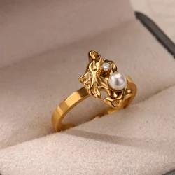Zircon Pearl Irregular Rings For Women Gold Color Stainless Steel Opening Geometric Ring Party Christmas Wedding Jewelry Gift