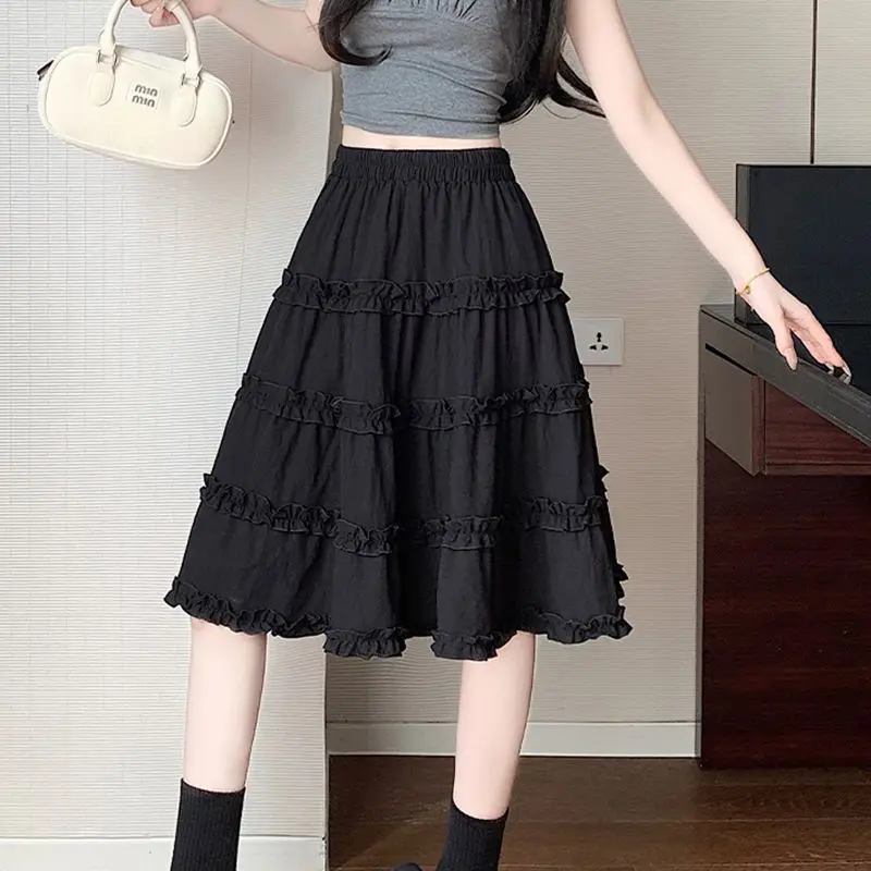 여름 미디 기장 볼 가운 블랙 스커트 여성 캐주얼 한국 스타일 Y2k 의류 빈티지 슬림 여성 주름 A라인 화이트 스커트