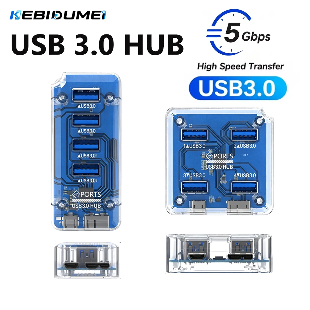KEBIDUMEI Transparent USB 3.0 HUB 4Port 5Gbps High Speed Data Transmission Splitter USB Powered OTG Adapter Computer Accessories