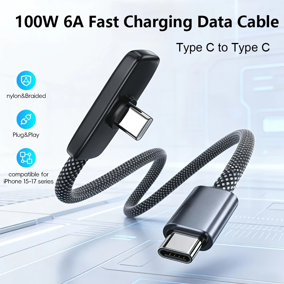 Type C to Type C 100W 6A Fast Charging Data Cable 90° Elbow Android Phone for Samsung Xiaomi USB C Cord For iPhone 15-17 Series