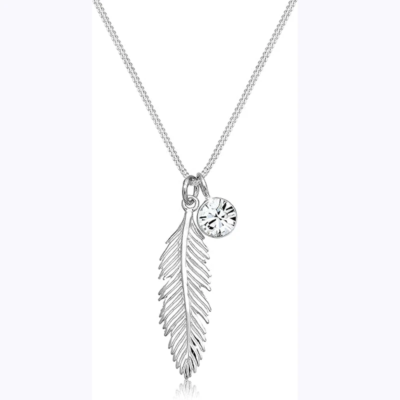 Women's Feather Crystal 14K gold Plated or 925 Sterling Silver Pendant Necklace For Women Girls