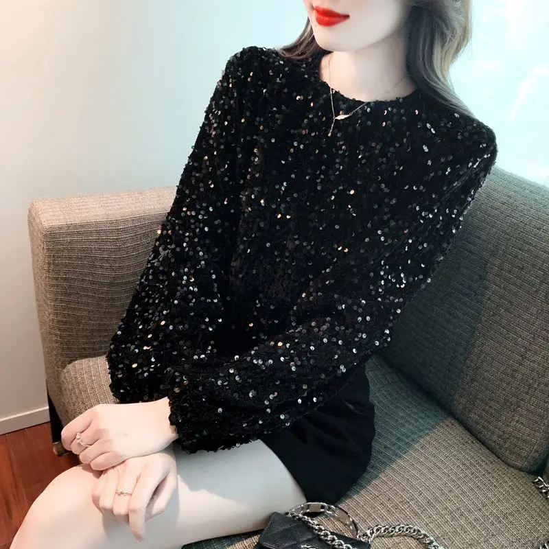 

High-end Sequined T-shirt for Women in Autumn and Winter New Fashionable Style Bottoming Shirt Chic Long-sleeved Top