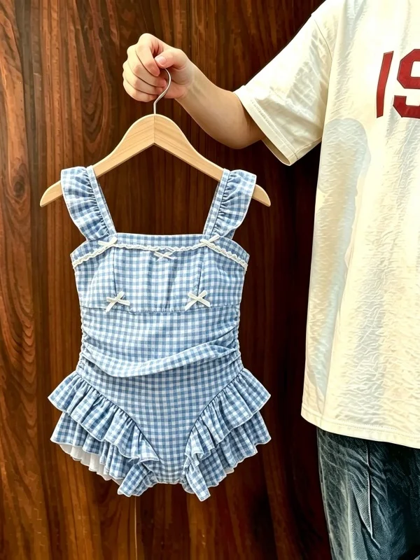 Girls Summer Plaid One-Piece Swimsuit Cute Little Girl's Holiday Swimming Outfit Child's Bathing Suit without Brand Registration