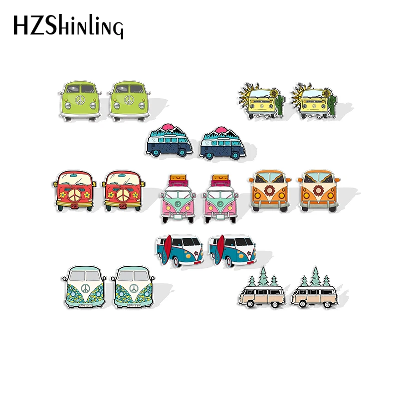 2023 New Hippie Van Stud Earring Travel Bus Acrylic Resin Earrings Epoxy Handmade Jewelry Gifts Friends