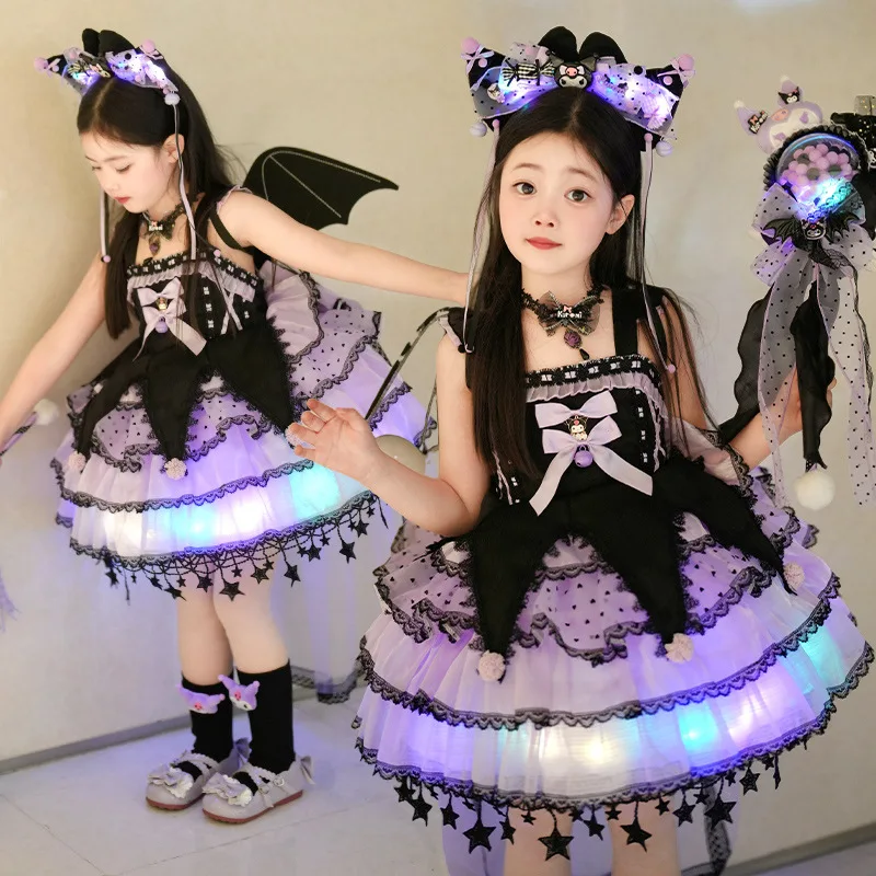 Anime Kuromi Mädchen Lolita Prinzessinnenkleid Partykleid Kinder Leuchtendes Ballkleid Gerüschter Tüllrock Mehrlagiges Kleid Halloween-Kostüm