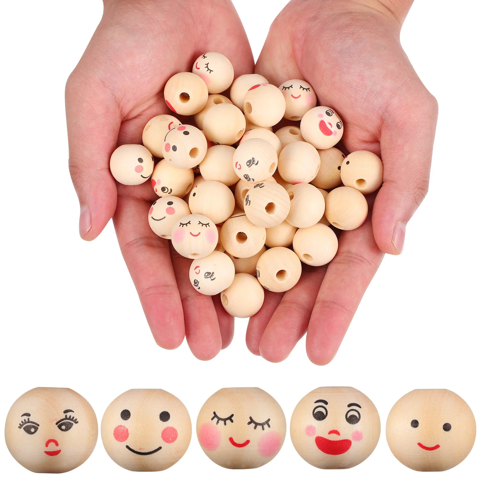 100 Pcs Natural Wooden Beads 20mm With Large Holes Smile Face Decorative For Bracelets Bulk Round Making