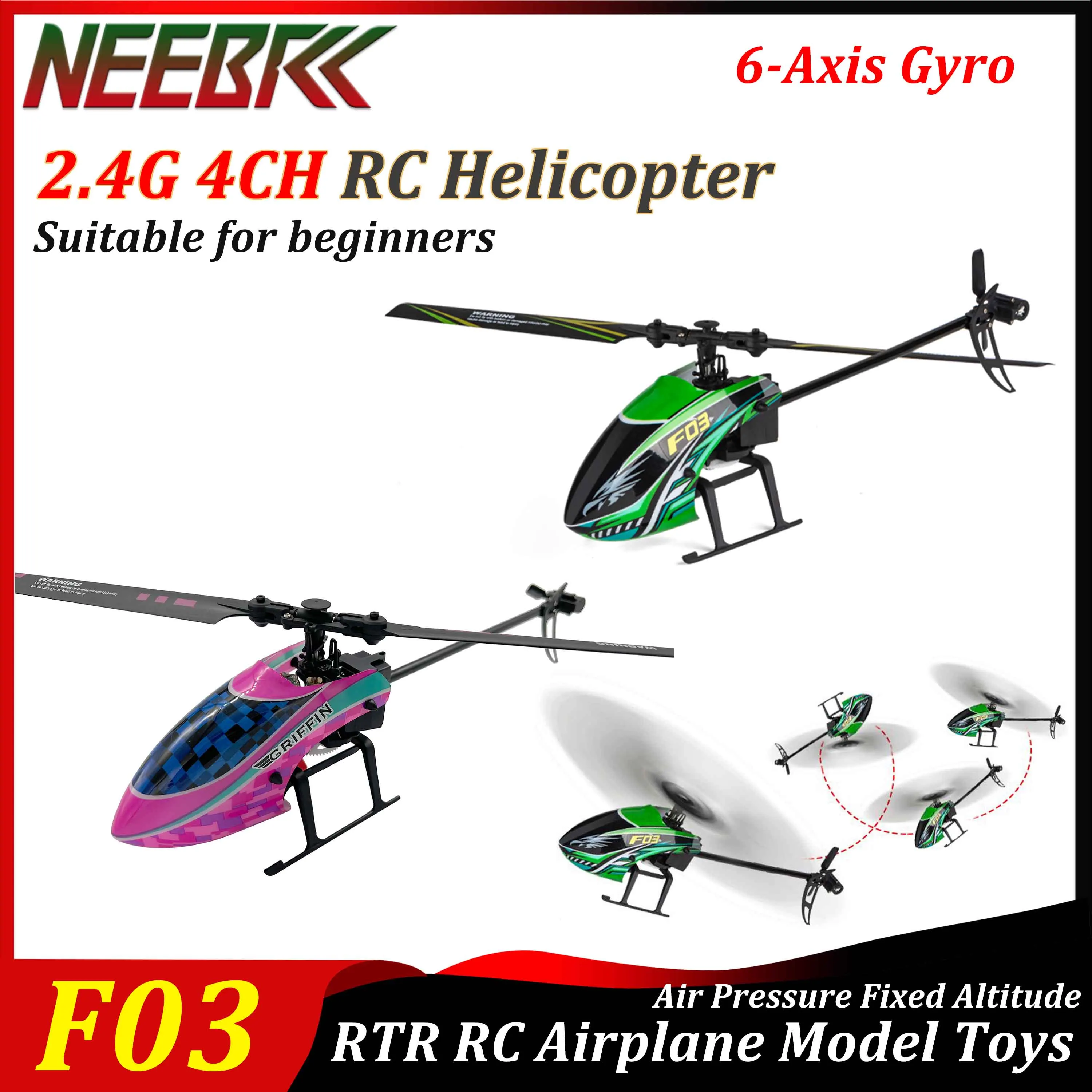 NEEBRC F03 2.4G 4CH RC Helicopter 6-Axis Gyro Air Pressure Fixed Altitude Remote Control RTR Airplane Model Toys for Kids Adults
