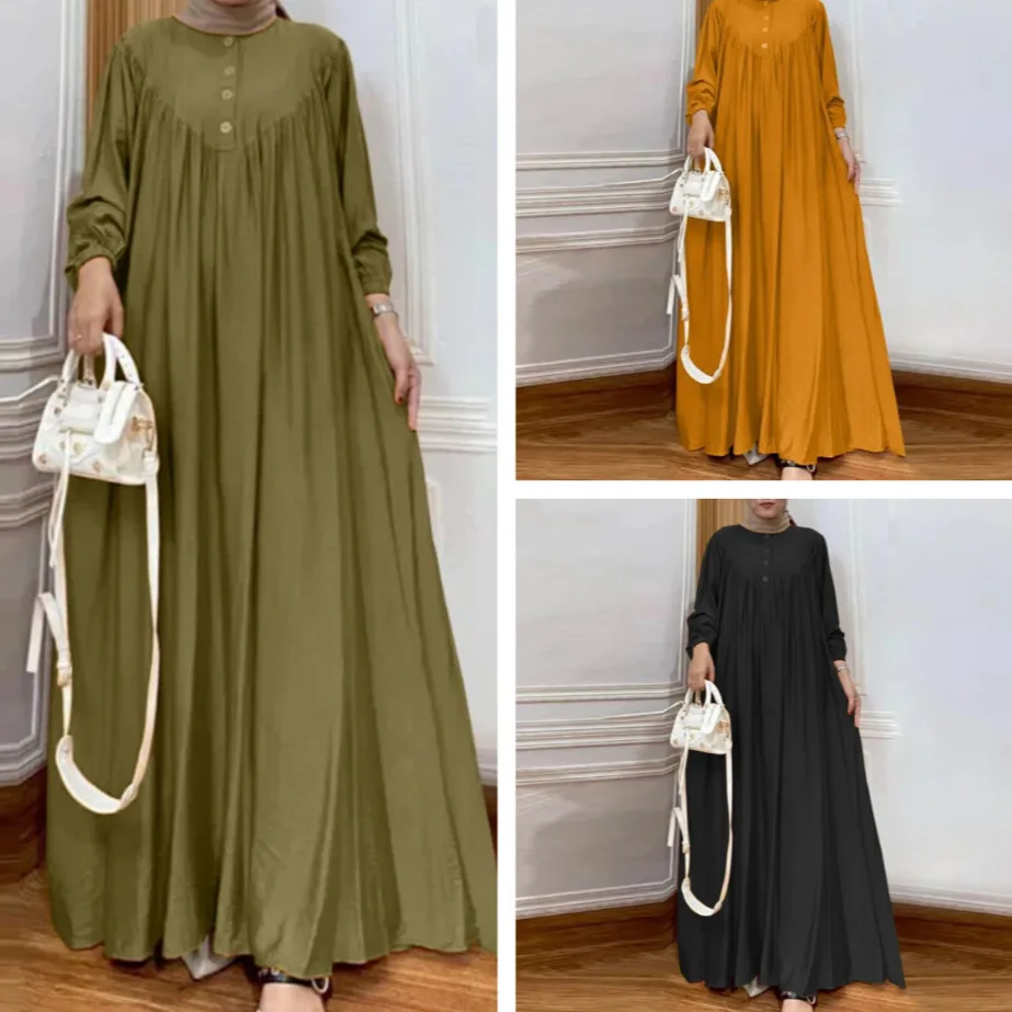 

New Ramadan Muslim Women's Wear Islamic Southeast Asian Solid Color Cotton and Hemp Fashion Retro Loose Large Size Long Dress