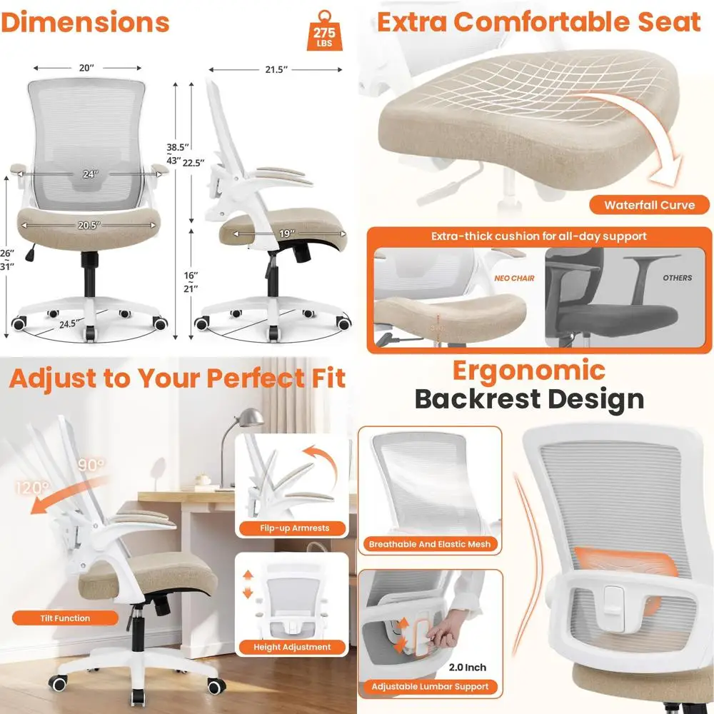 

Эргономичное игровое кресло с высокой спинкой, сетчатой обивкой, регулируемыми подлокотниками, поясничной поддержкой и откидными подлокотниками для комфортного использования дома (бежевое)