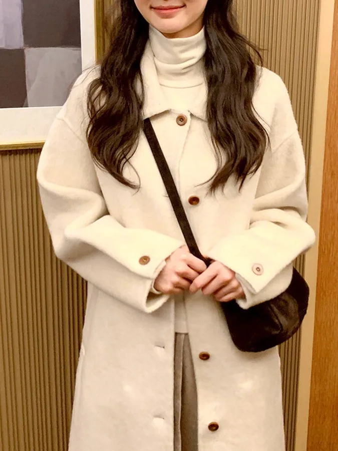 

Шикарное осенне-зимнее длинное шерстяное пальто, женское пальто с воротником в стиле ретро, верхняя одежда для поездок на работу, однотонное, на одной пуговице