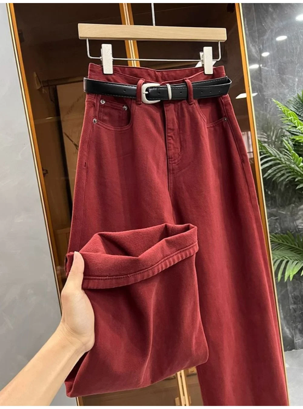 Trendy Red Denim Pants Women Spring Autumn Casual Loose High Waist Wide Leg Pants Straight Full Length Jeans Female Streetwear