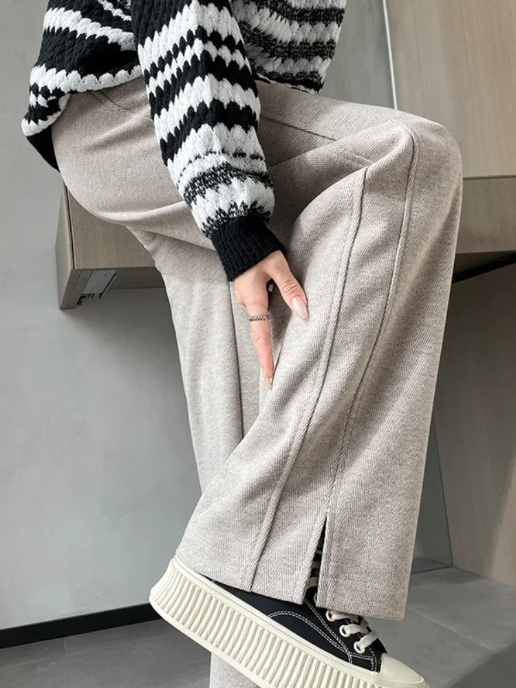 Autumn and Winter Women's Pants Herringbone Woolen Split Wide-leg Pants Women's Fashion Elastic Waist Warm Straight Trousers