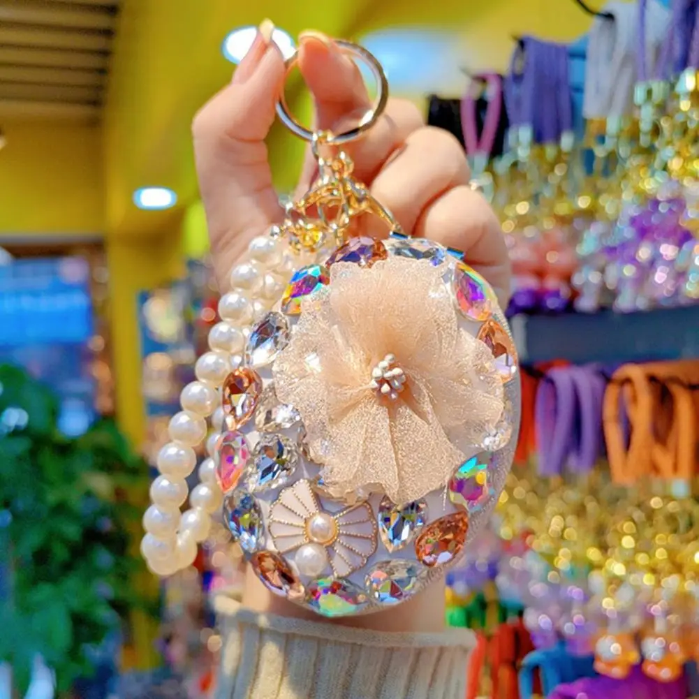 Colorful Gem Keychain Rhinestone Bling Pocket Mirror Keychain Double-sided Folding Makeup Mirror Wristlet Charm Portable Bead