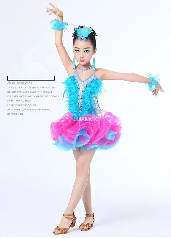 Children Professional Latin Dance Dress for Girls Ballroom Dance Competition Dresses sequin featherNew fringed Latin dance dress