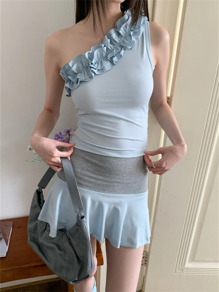 Alien Kitty Romance Blue Sets Slim Gentle Skew Collar Skinny Teed New Ruffles Mini Skirts 2024 Office Lady Summer Gentle