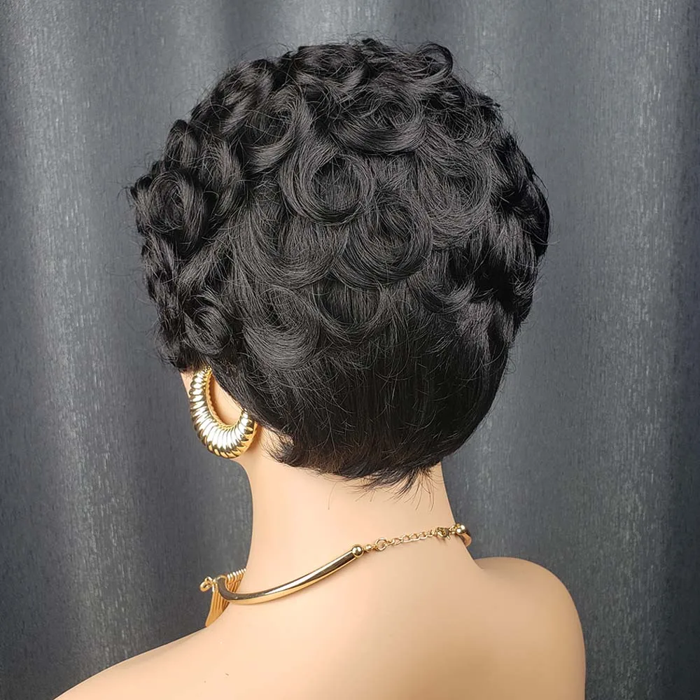 짧은 픽시컷 가발 인모 픽시컷 가발 내추럴 블랙 컬러 곱슬머리 풀머신메이드 가발 (흑인 여성용)