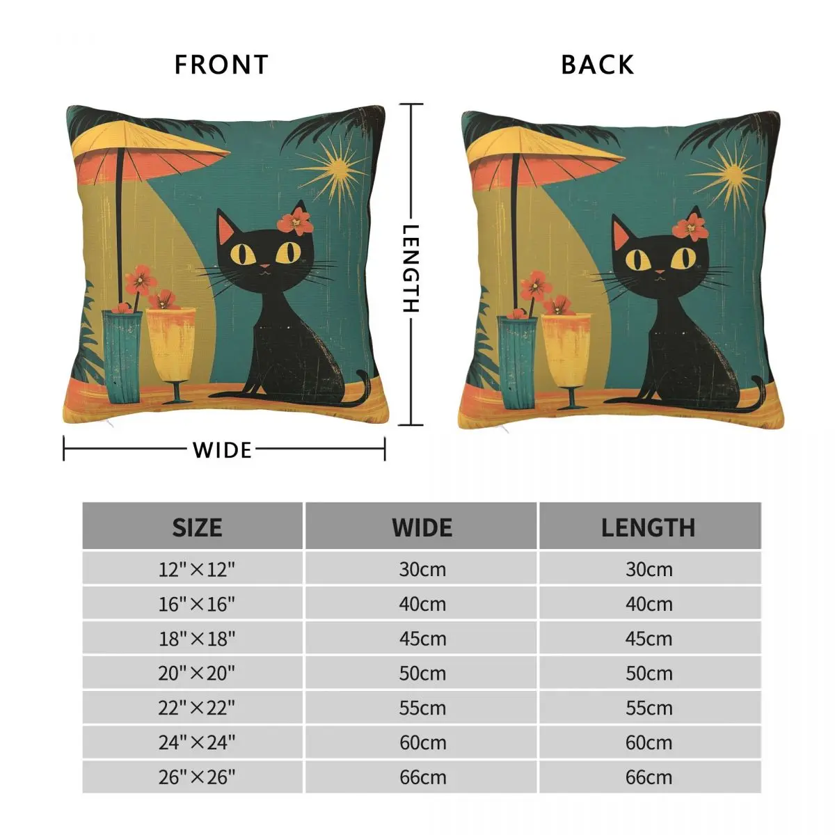 Mid Century Atomic Tiki Cat Square Pillowcase Polyester Linen Velvet Pattern Zip Decorative Sofa Seater Cushion Case