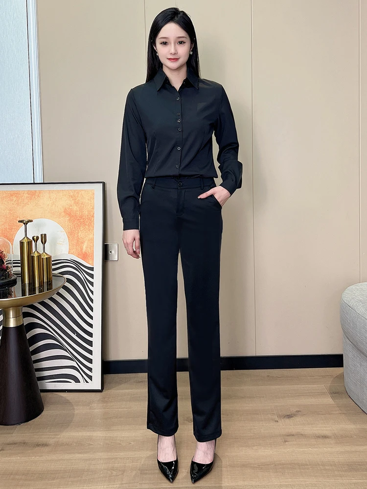 Elastic High Waist Straight Leg Work Pants Women\'s Suit Pants Slimming Professional Black Drapey OL Style Long Trousers
