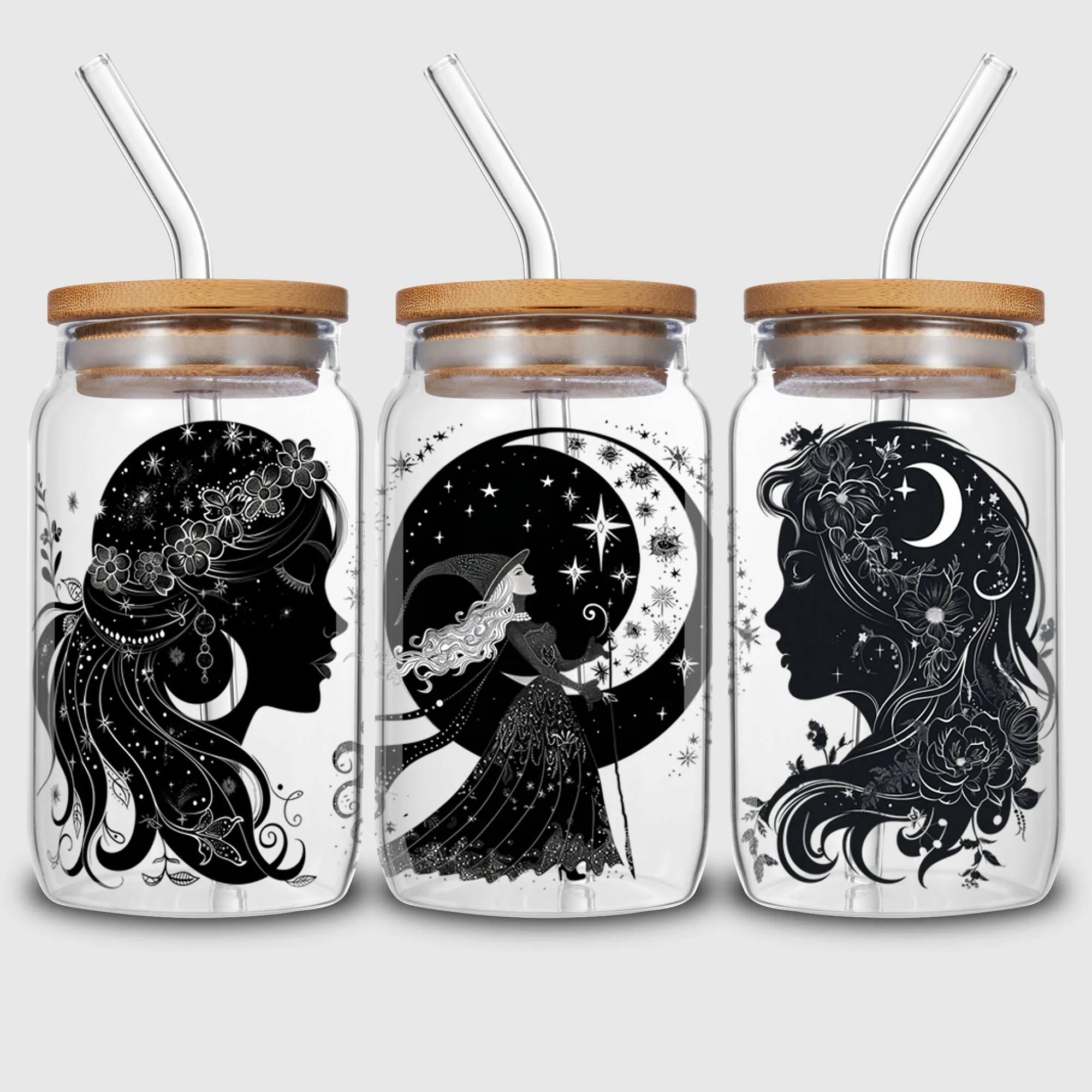5 sheet Moon Witch UV DTF Cup Stickers, DTF Transfer Stickers, Waterproof Wipe-Off Transfer Paper for 16oz Glass, Mug, Crafts