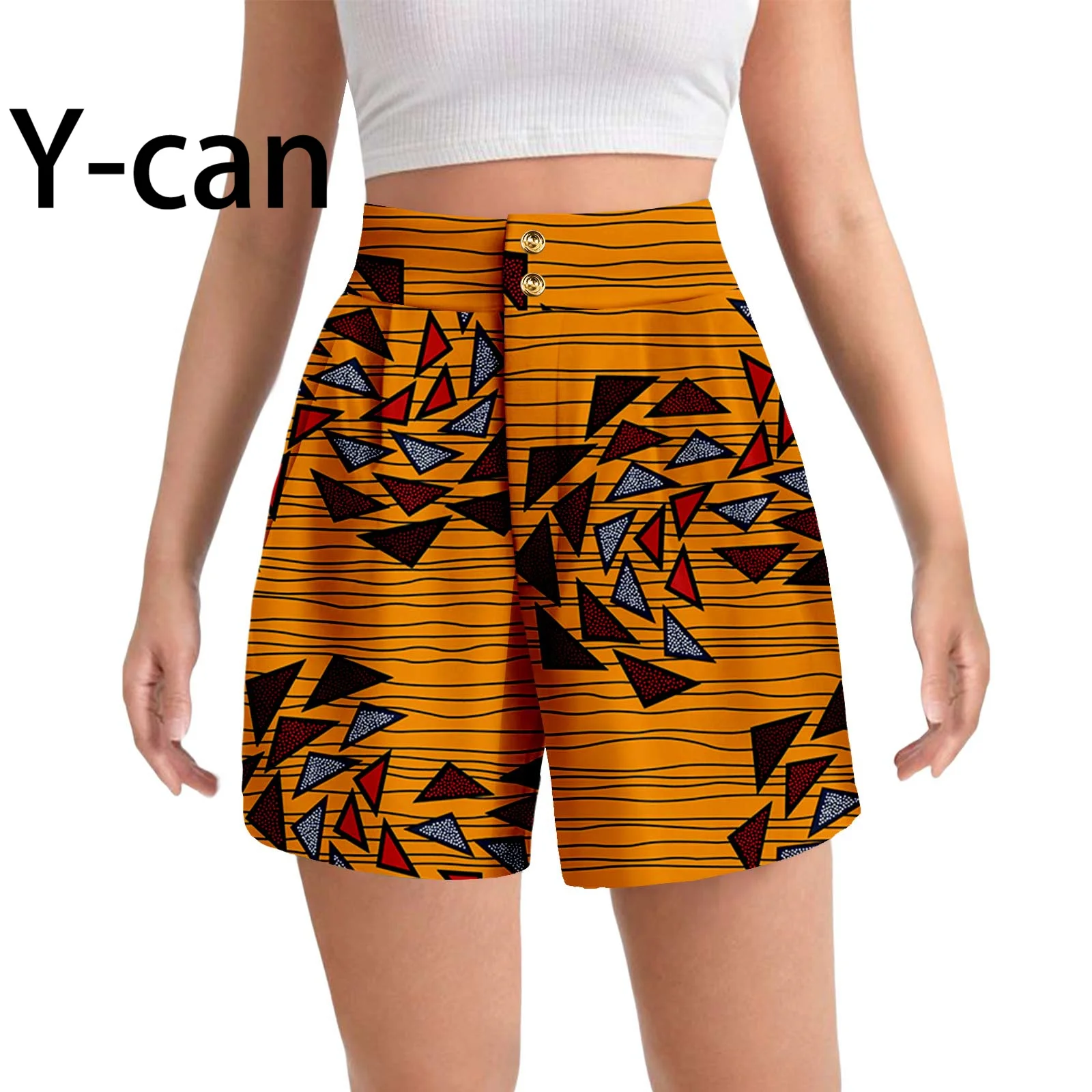 Women‘s Shorts Summer 2024 A-line High-Waisted Shorts African Dashiki Ankara Print Women's Two-Button Female Shorts 2421001