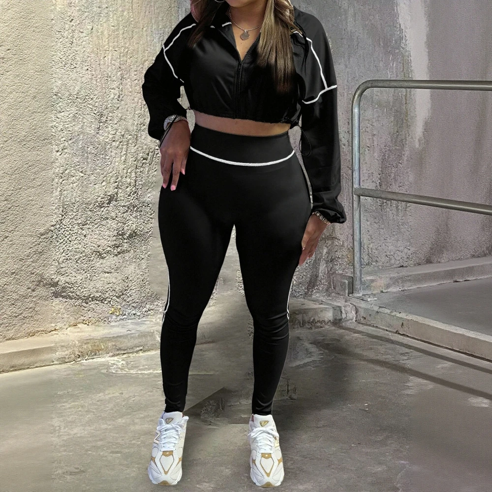 2025 여성 팬츠 세트 가을 패션 솔리드 컬러 긴팔 크롭 스웨트셔츠 스키니 핏 발목 팬츠 세트