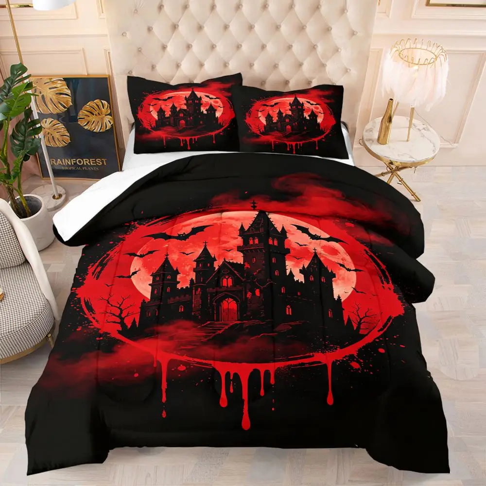 Blood Moon Castle Bat Digital Print Comforter Set Quilt Bedding Set With Pillowcase Halloween Gothic Bedroom Decor