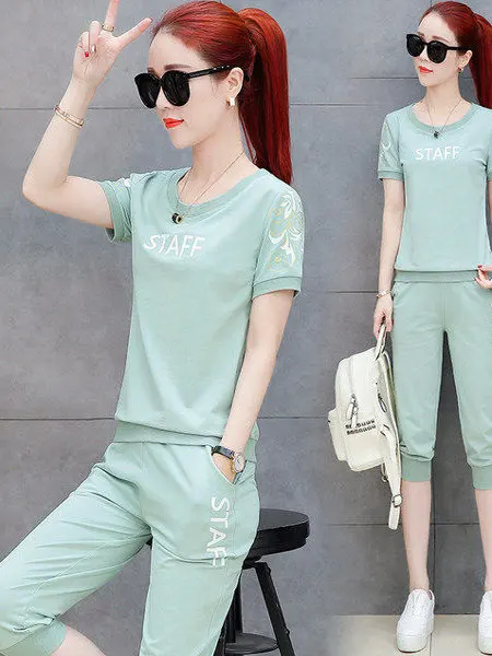 

plus Size Women's Summer Korean Sle ort Sve Seven-Foot Pants Two-Piece Set Faionable Loose Fit Casual Wear