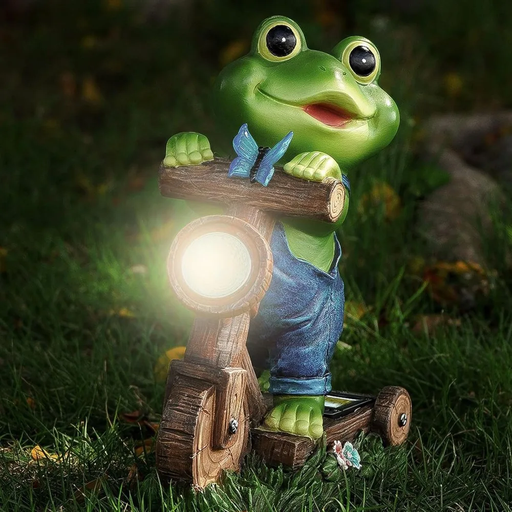 

Solar LIghts Frog Riding Bicycle Sculpture Vintage Metal Garden Decor Outdoor Artwork for Yard Patio Villa Balcony Landscape