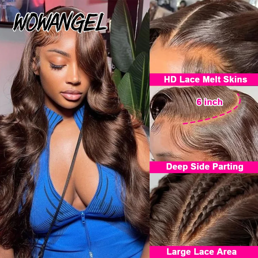 Wow anjo chocolate marrom hd peruca frontal do laço onda do corpo 250% 13x6 hd frente do laço perucas de cabelo humano derreter skins remy peruca frontal completa