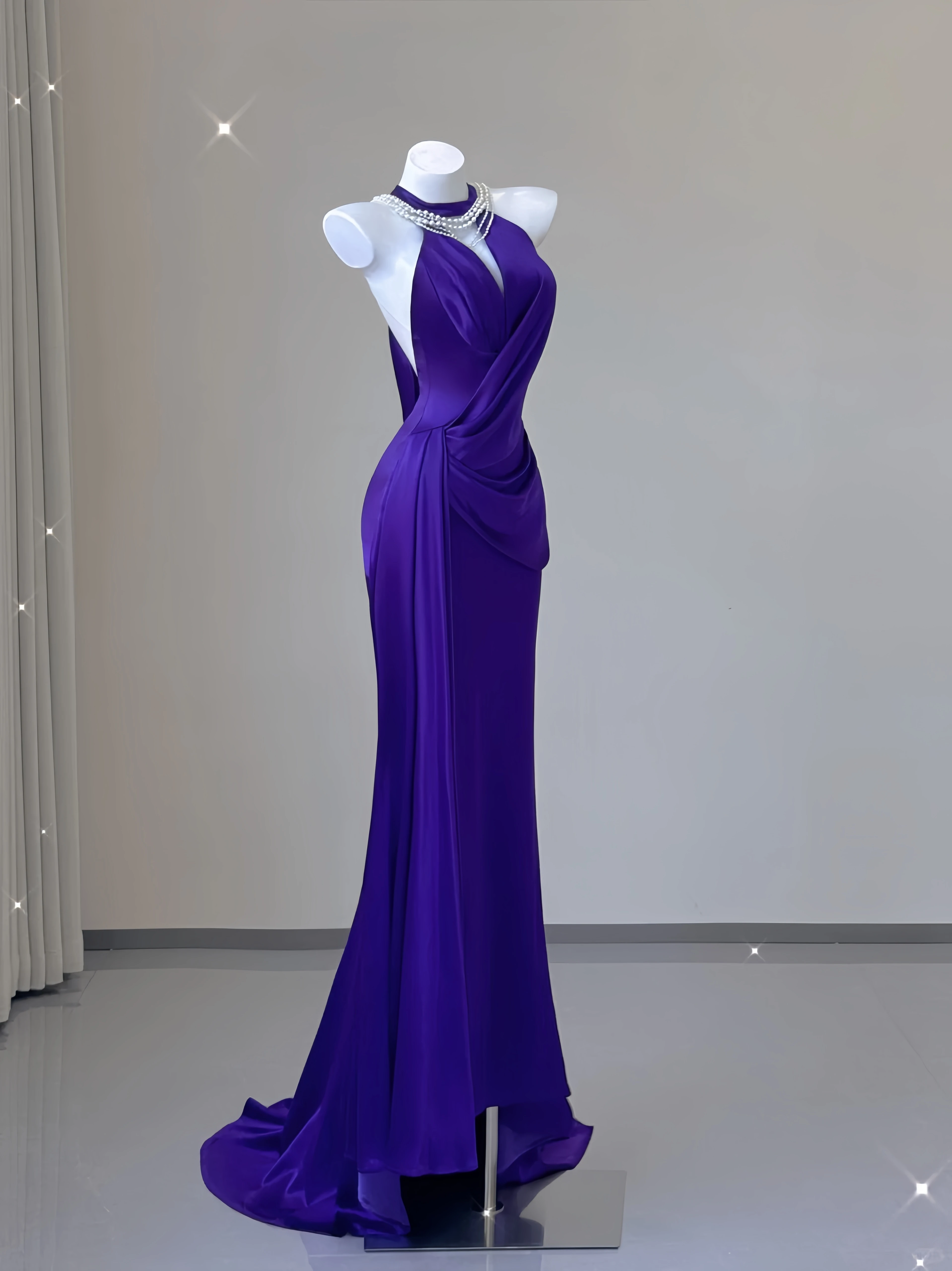 

​Elegant Purple Satin Prom Gown Women's Deep V-Neck Backless Fishtail Dress With Pearl Necklace Evening Wedding Party Banquet​