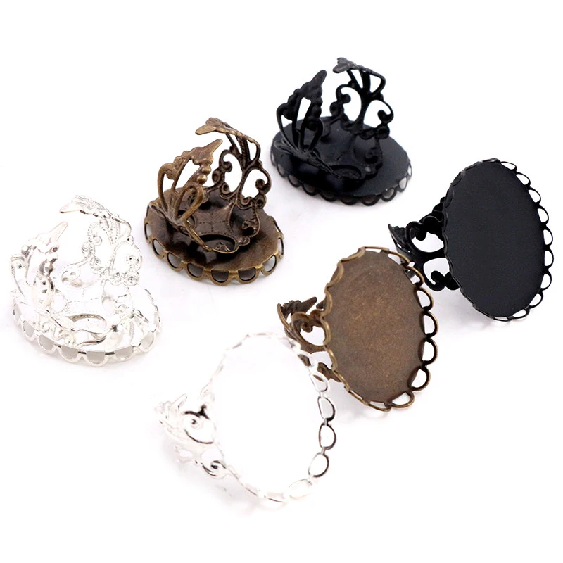 18x25mm 5 sztuk czarny z posrebrzanego brązu materiał mosiężny owalny regulowany pierścień ustawienia Blank/Base,Fit 18x25mm szkło Cabochons