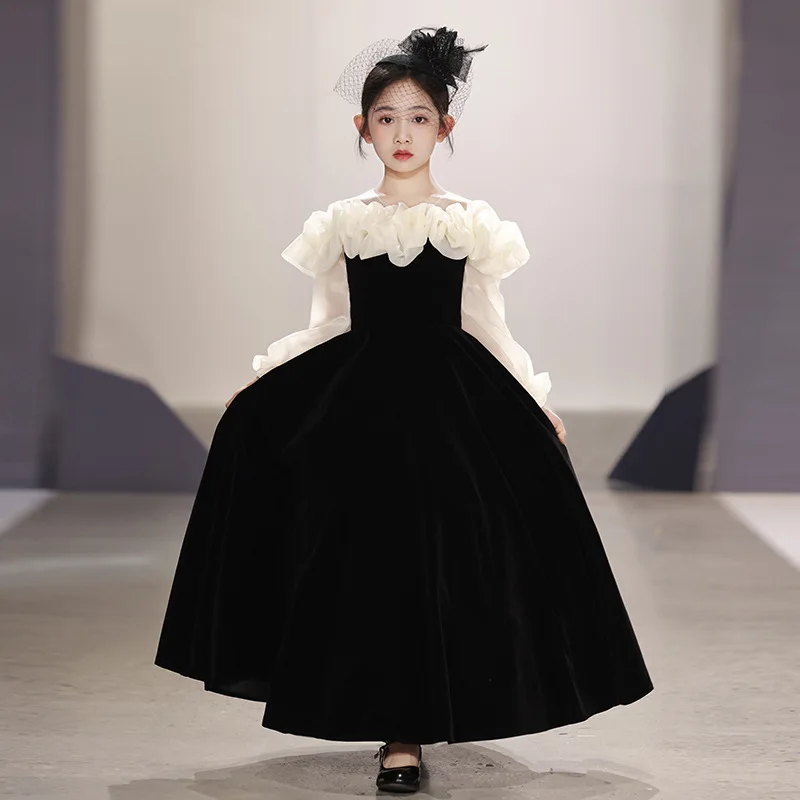 

Children's Red Flower Wedding Little Girl Birthday Party Princess Host Piano Performance Dress Spring Autumn