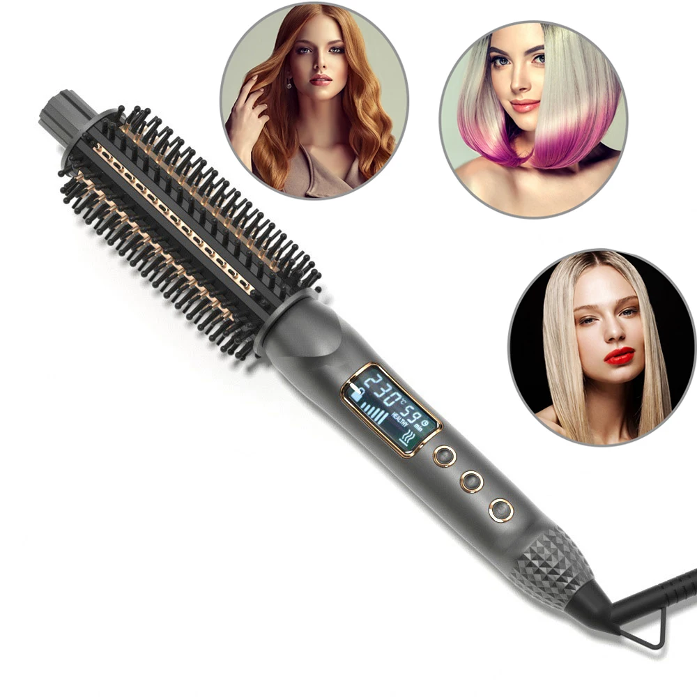 32mm Thermal Brush Heated Curling Iron Brush 1.25inch Round Brush Ceramic Hair Curler Volumizing Brush LCD Display Curling Comb