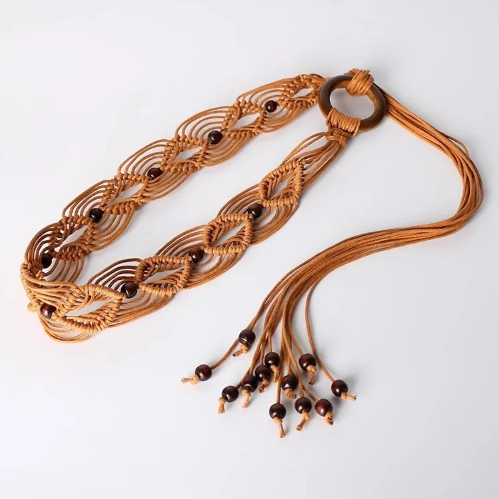 Fashion Wax Rope Female Waist Rope Woven Knot Wood Bead Decors Dress Waistband with Tassels Exquisite Waist Belt for Women