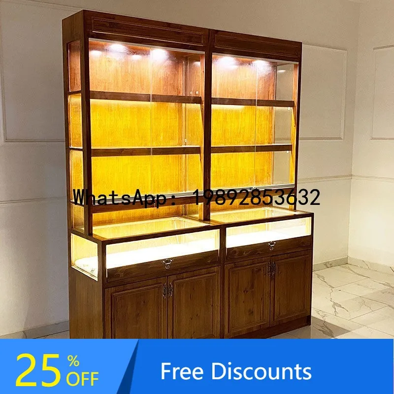 

CZ Solid Wood Jewelry Jade Display Cabinet Fir Wood Glass Counter Chinese Antique Style Cultural Play Jewelry Display Cabinet