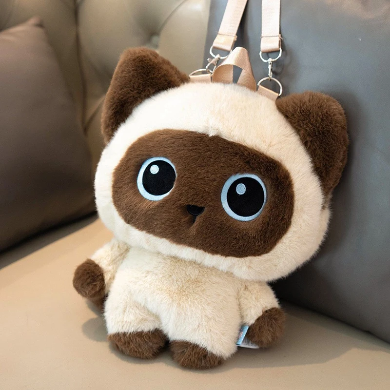 Cute Plush Cat Backpack Siamese/calico Cat Shaped Soft Fluffy Schoolbag Cartoon Kitten Shoulder Bag Creative Birthday Gifts