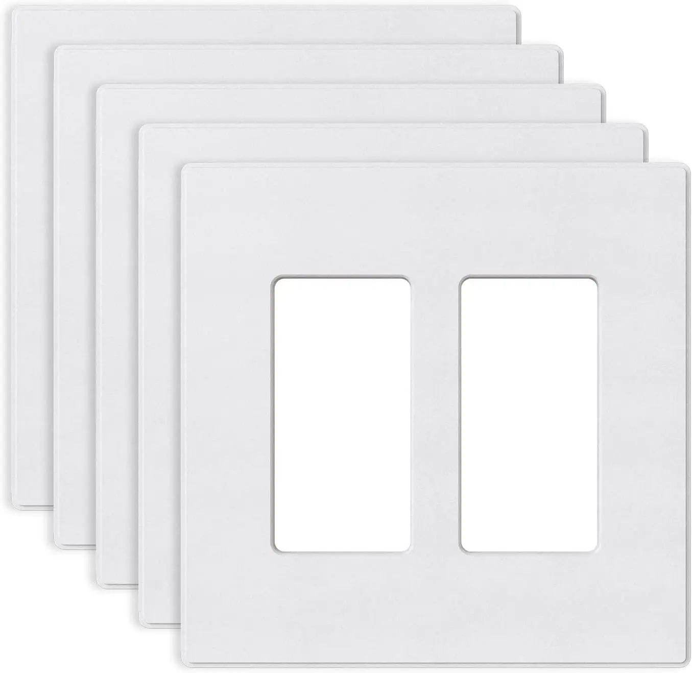 

2-Gang Screwless Wall Plates, Mid-Size 4.88" x 4.94", Unbreakable Thermoplastic, UL Listed, 5 Pack, Matte White