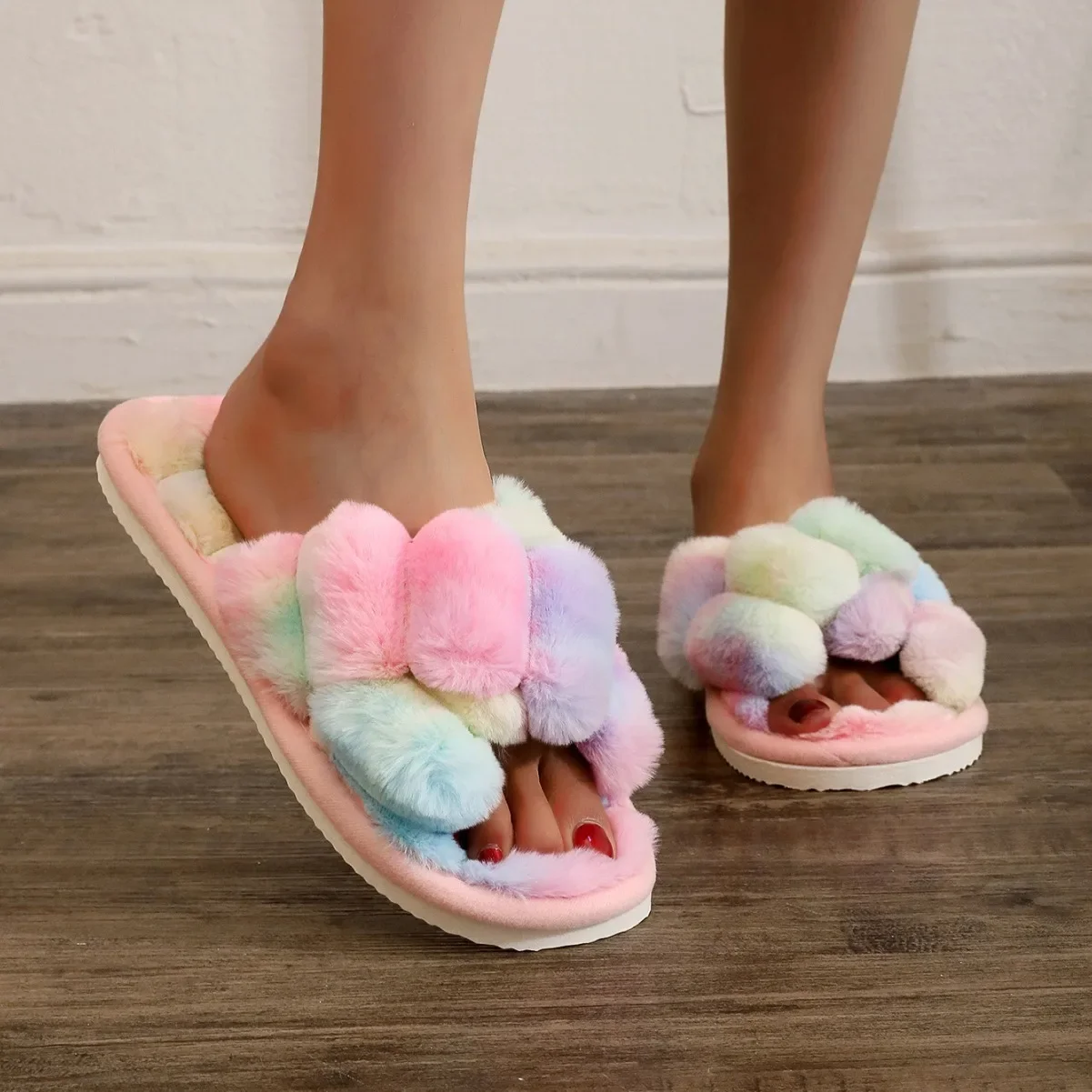 Rainbow Fuzzy EVA Slippers Women Cross Band Open Toe Fluffy Plush Winter Warm Cozy Indoor Outdoor Home Bedroom Faux Fur Shoes