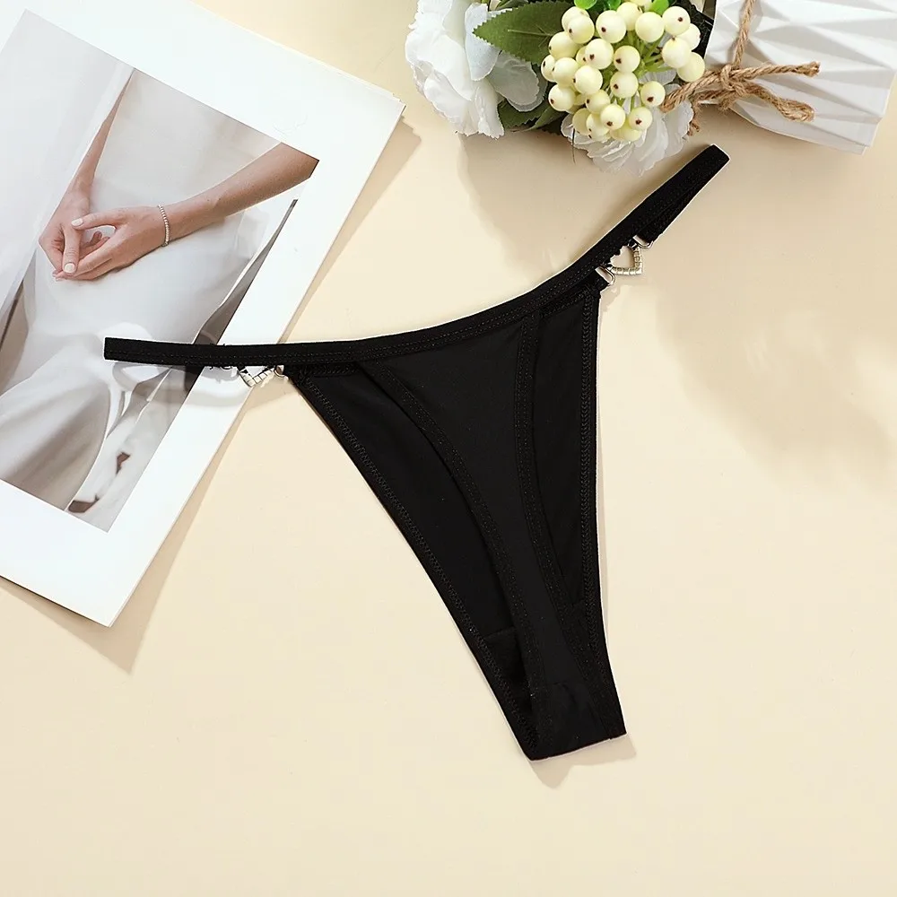 Baumwoll-Slips mit Herz-Strasssteinen, niedriger Bund, einfarbige Bikini-Slips, nahtlose Unterhosen, T-Back-Slips, Damenunterwäsche – Detail 4