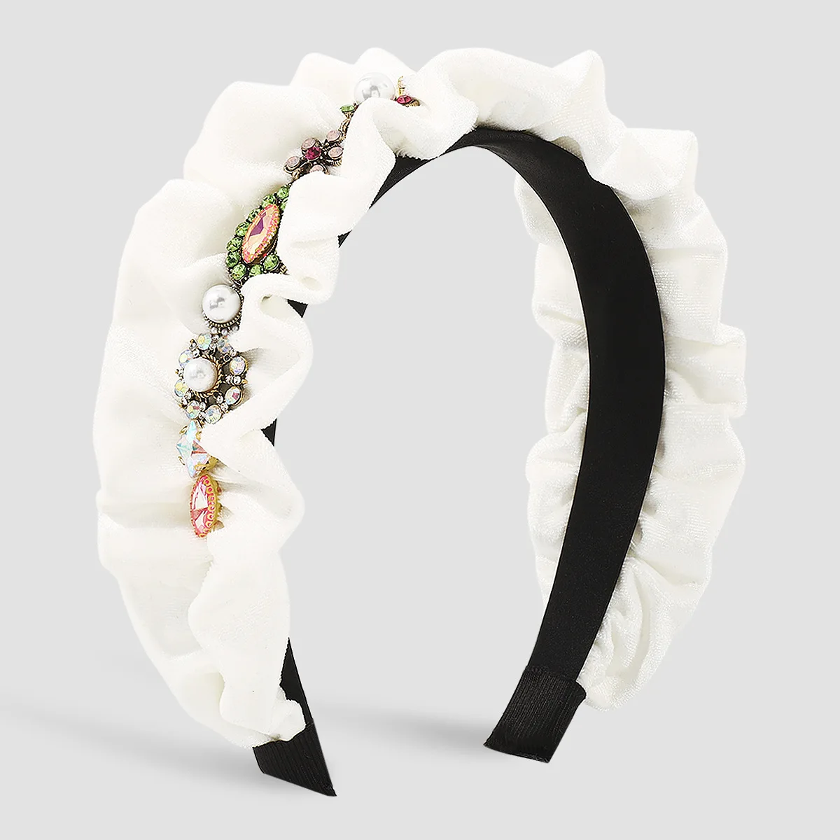 F5028 popular pleated lace headband, light luxury party style pearl rhinestone hair accessories high-end fabric headband