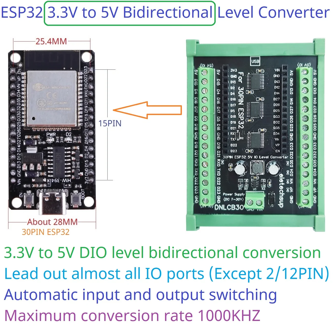 ESP32 Wifi 3.3V to 5V Bidirectional Level Converter LvTTL to TTL IO Automatic Switching Din Rail Expansion Board for Arduino IOT