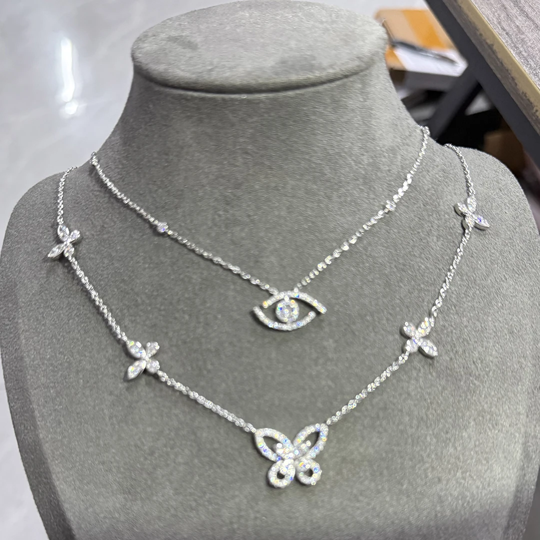 Galvanisierte 18K Weißgold Damen-Halskette mit Vollbesatz aus Diamanten, Schmetterlings- und Augen-Design – Detail 1