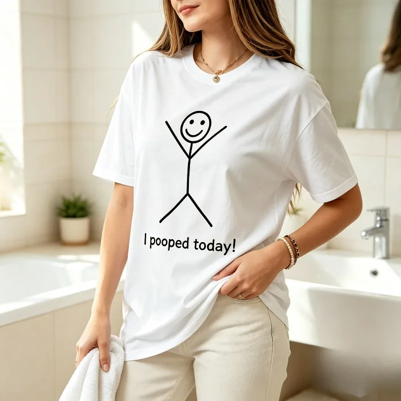 I pooped today! Smile Stick Figure Front Print T-Shirt Modal Women Short Sleeve Tee Funny Humor  Streetwear Daily OutingTop