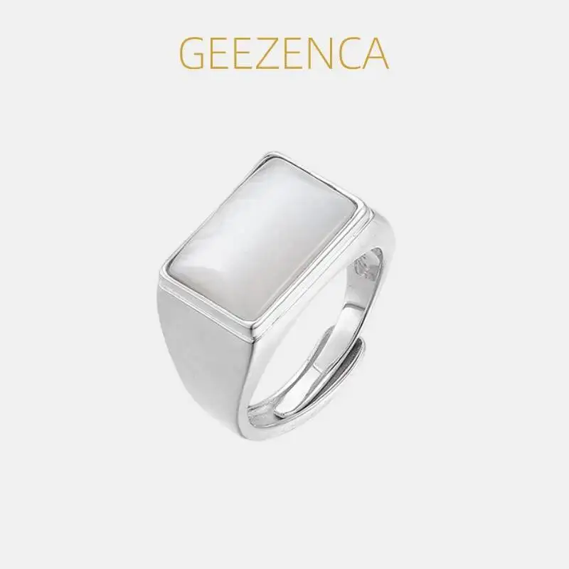 

GEEZENCA Real 925 Sterling Silver White Mother Of Pearl Adjustable Ring Women Oblong Simple Geometric Chunky Rings Party Gift